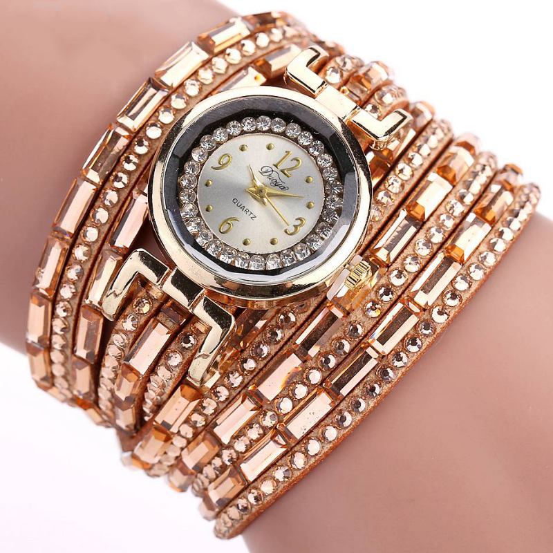 Crystal Fritids Style Dame Armbånd Watch Gold Case Quartz Movement Klokker