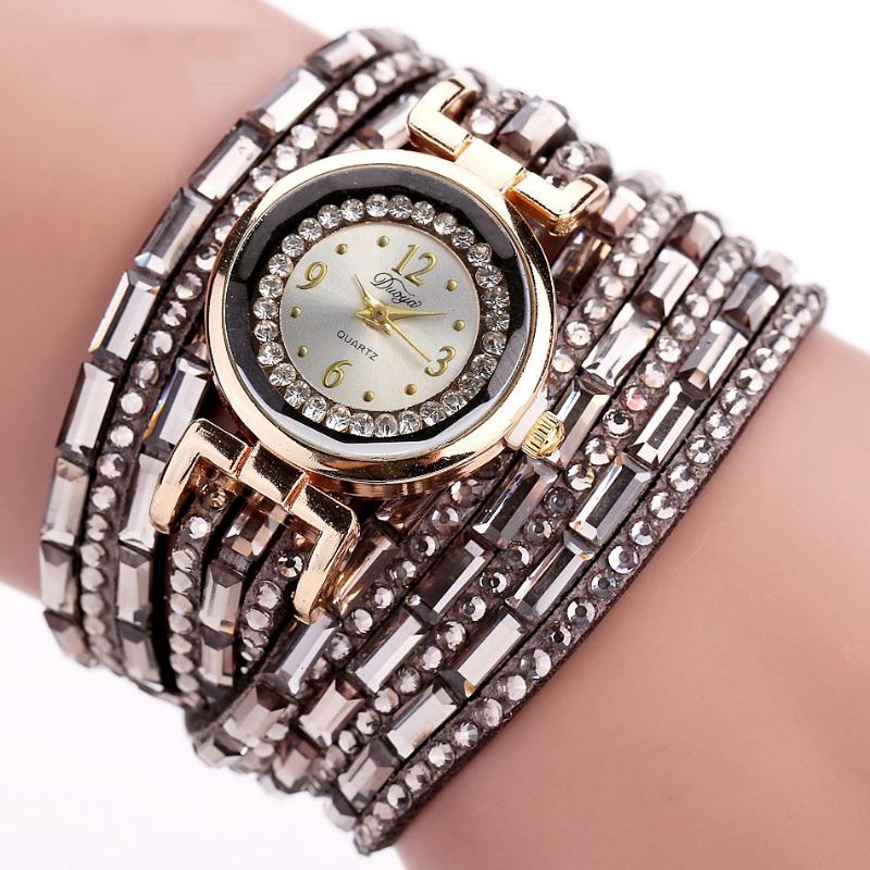 Crystal Fritids Style Dame Armbånd Watch Gold Case Quartz Movement Klokker