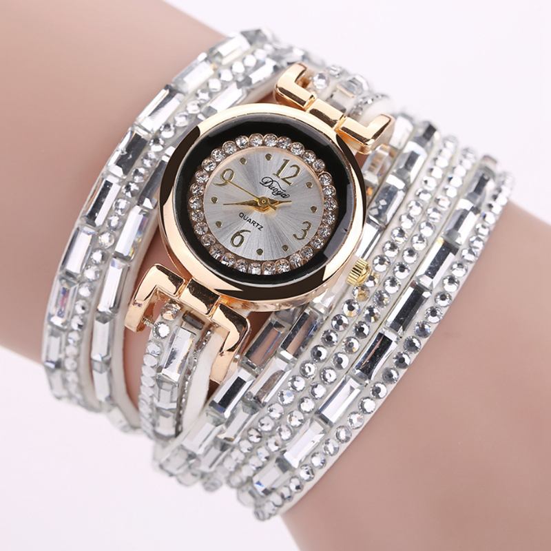 Crystal Fritids Style Dame Armbånd Watch Gold Case Quartz Movement Klokker