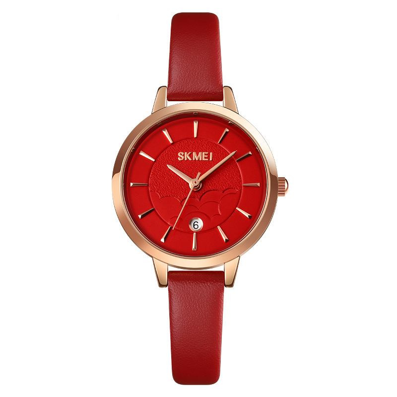 Enkel Dameklokke Creative Dial Dato Display Lærreim Mote Lady Quartz Watch