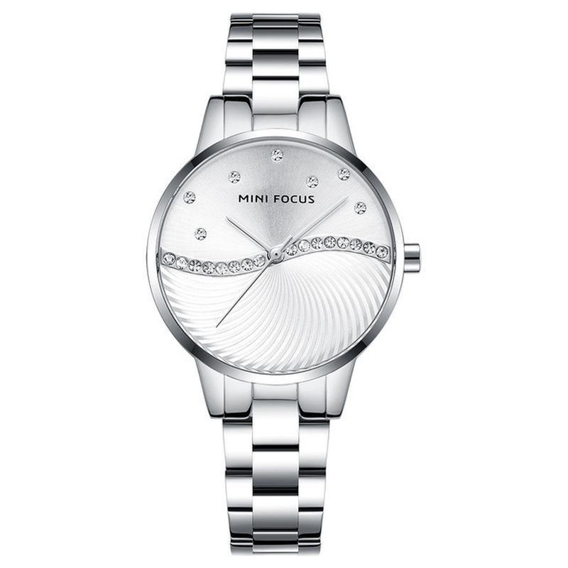 Enkel Deign Elegant Crystal Dame Armbåndsur Rustfritt Stål Quartz Watch