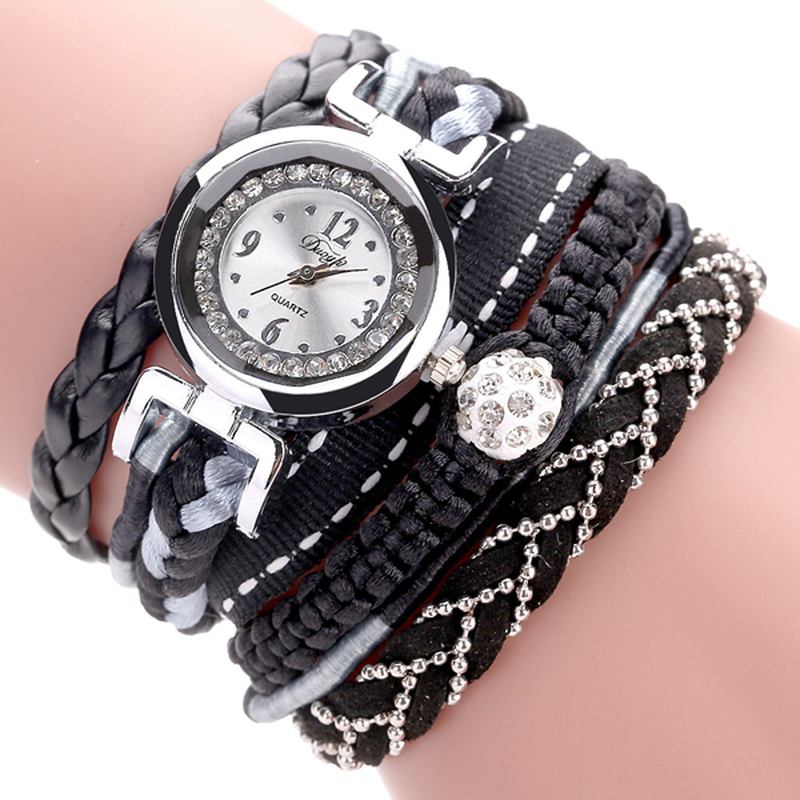 Fasjonable Fine Leather Band Winding Dame Armbånd Watch Braided Quartz Klokker