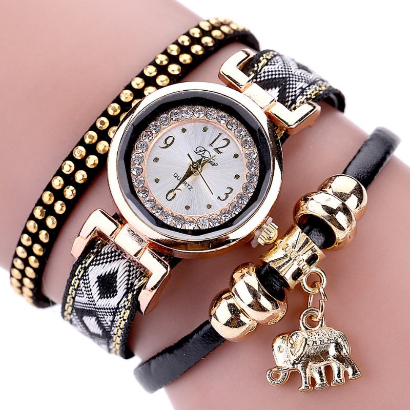 Fasjonable Gold Elephant Dame Armbånd Watch Leather Strap Quartz Klokker