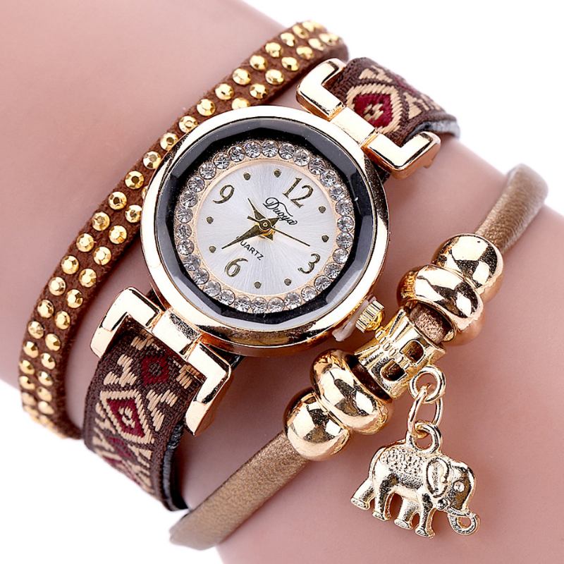 Fasjonable Gold Elephant Dame Armbånd Watch Leather Strap Quartz Klokker