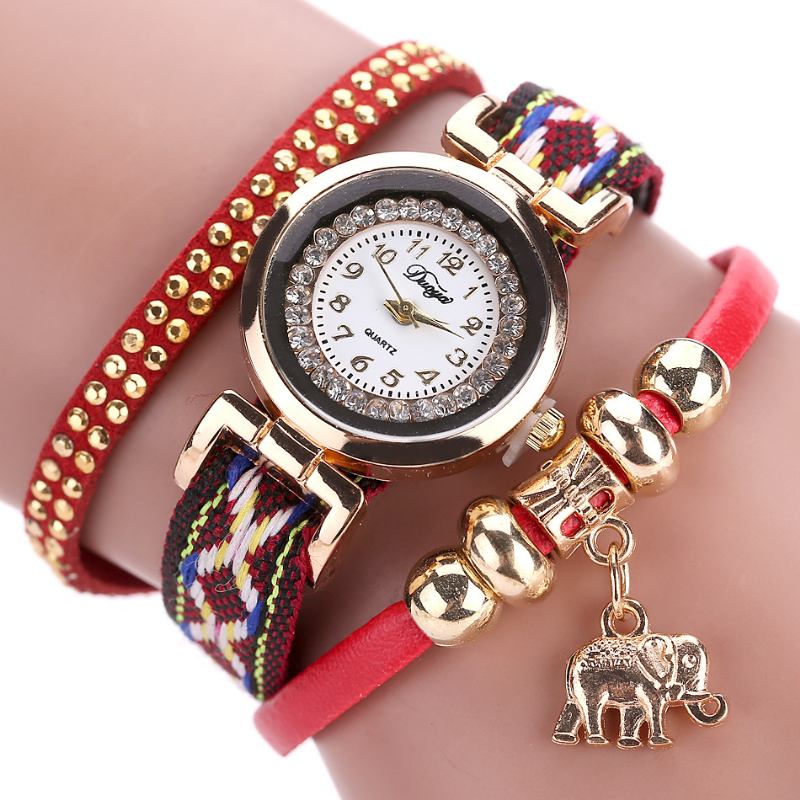 Fasjonable Gold Elephant Dame Armbånd Watch Leather Strap Quartz Klokker