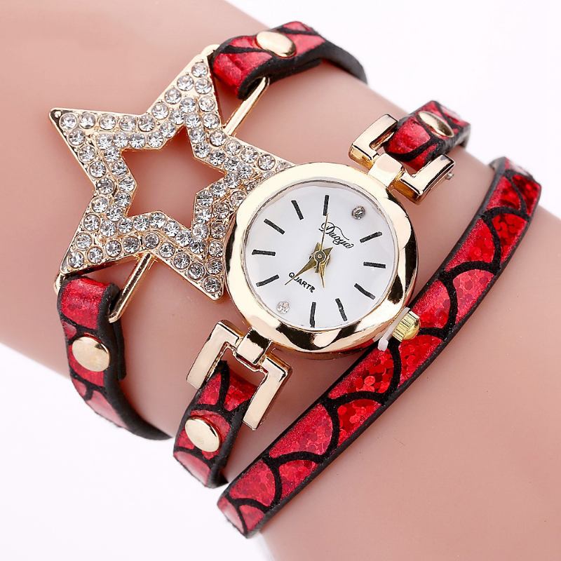 Fem Spiss Stjerne Retro Stil Kvinner Armbånd Watch Leather Band Quartz Watch