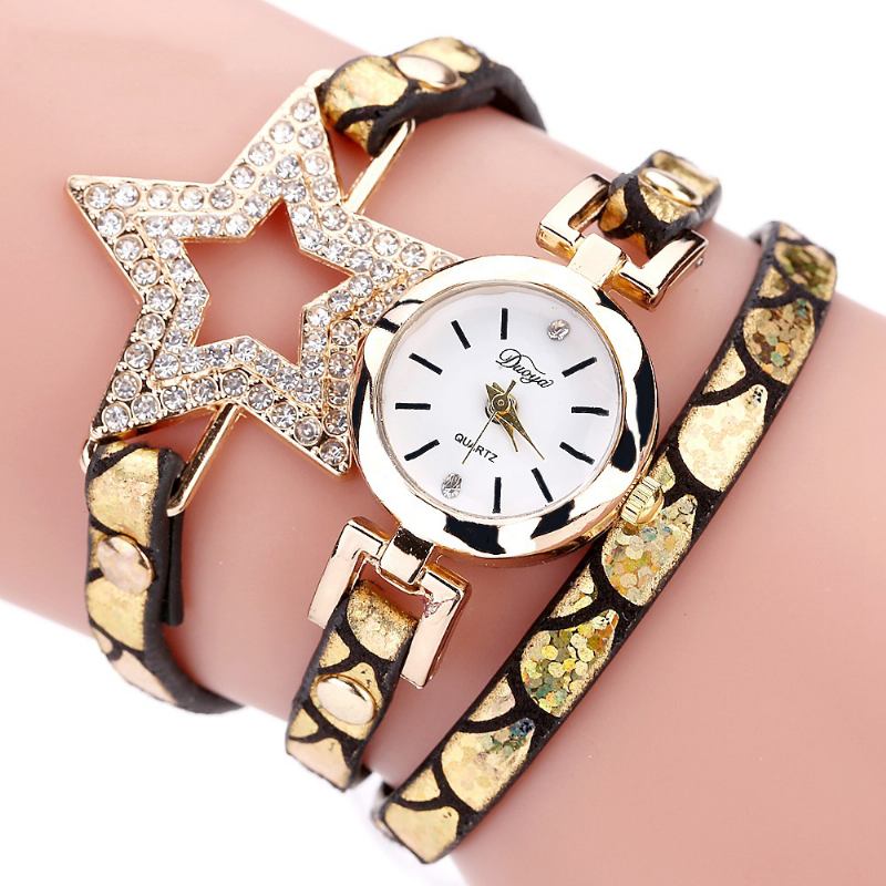 Fem Spiss Stjerne Retro Stil Kvinner Armbånd Watch Leather Band Quartz Watch