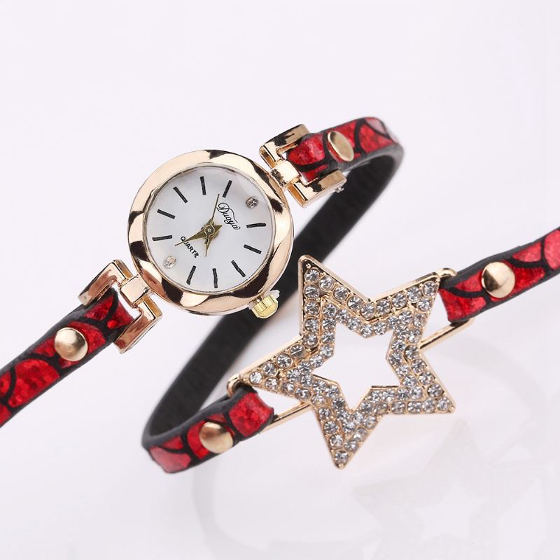 Fem Spiss Stjerne Retro Stil Kvinner Armbånd Watch Leather Band Quartz Watch