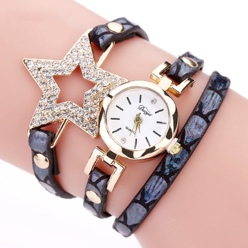 Fem Spiss Stjerne Retro Stil Kvinner Armbånd Watch Leather Band Quartz Watch