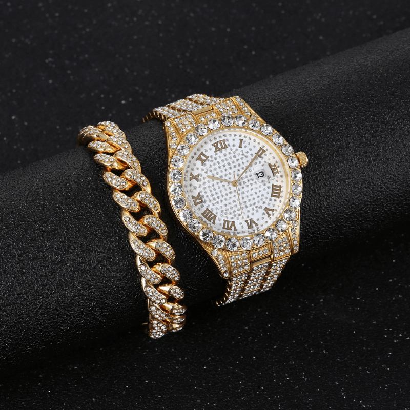 Hip Hop Luxury 2 Stk Hip-hop Chain Full Diamond Watch Armbånd Lady Quartz Watch