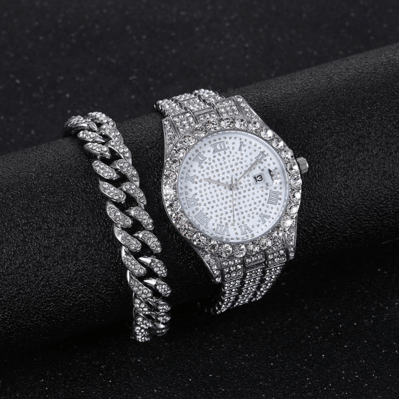 Hip Hop Luxury 2 Stk Hip-hop Chain Full Diamond Watch Armbånd Lady Quartz Watch