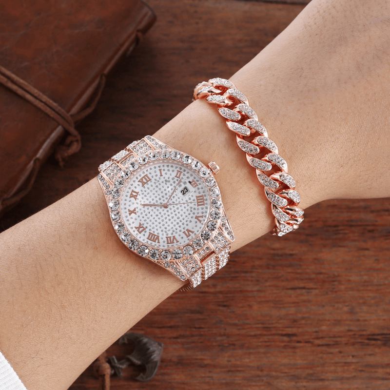 Hip Hop Luxury 2 Stk Hip-hop Chain Full Diamond Watch Armbånd Lady Quartz Watch