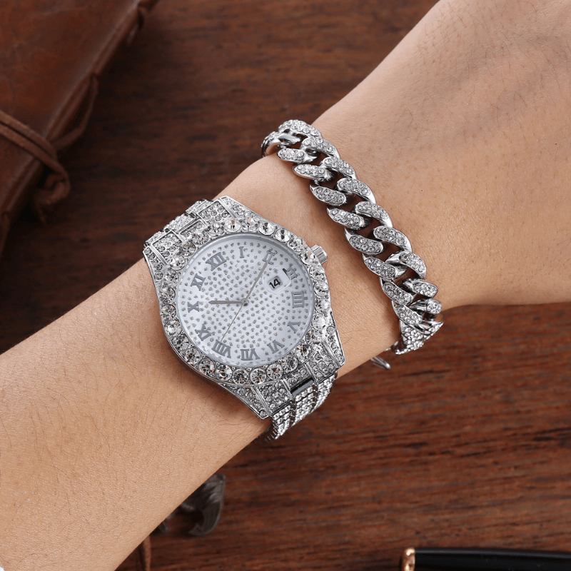 Hip Hop Luxury 2 Stk Hip-hop Chain Full Diamond Watch Armbånd Lady Quartz Watch