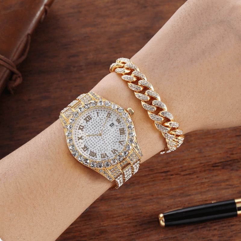 Hip Hop Luxury 2 Stk Hip-hop Chain Full Diamond Watch Armbånd Lady Quartz Watch