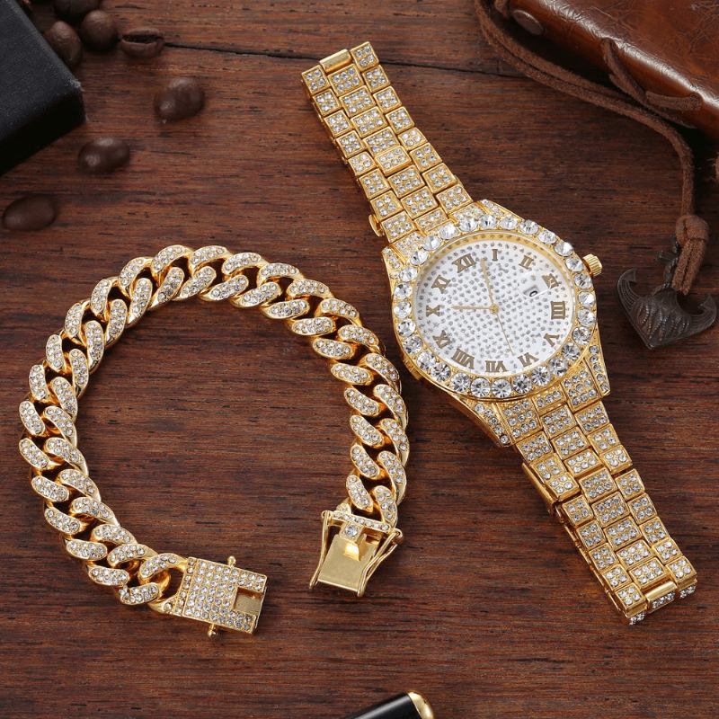 Hip Hop Luxury 2 Stk Hip-hop Chain Full Diamond Watch Armbånd Lady Quartz Watch