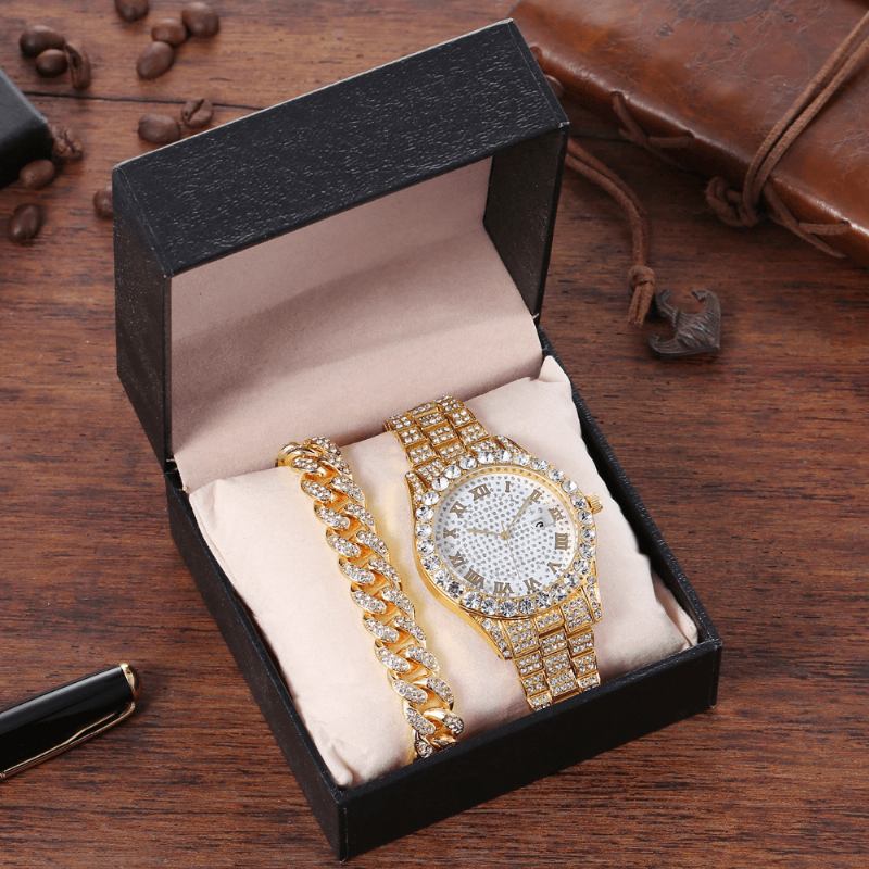 Hip Hop Luxury 2 Stk Hip-hop Chain Full Diamond Watch Armbånd Lady Quartz Watch