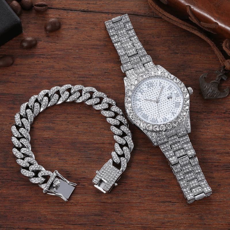 Hip Hop Luxury 2 Stk Hip-hop Chain Full Diamond Watch Armbånd Lady Quartz Watch