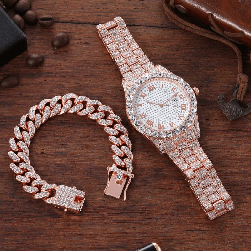 Hip Hop Luxury 2 Stk Hip-hop Chain Full Diamond Watch Armbånd Lady Quartz Watch