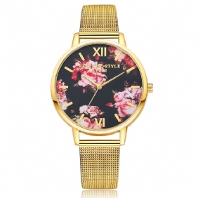 Mesh Steel Band Fritids Style Dame Armbåndsur Blomstrete Elegant Design Quartz Watch