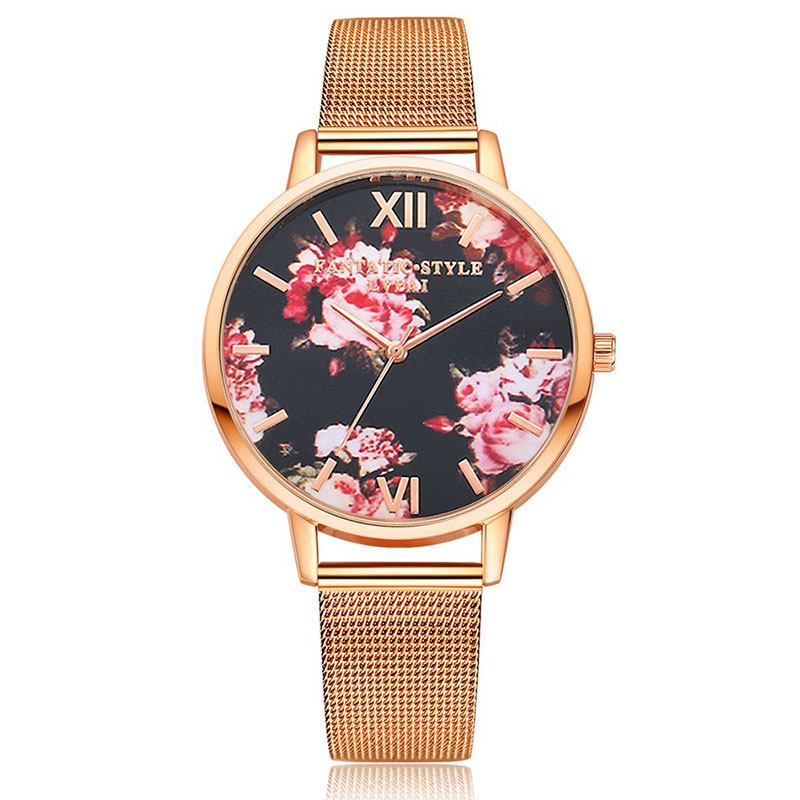 Mesh Steel Band Fritids Style Dame Armbåndsur Blomstrete Elegant Design Quartz Watch