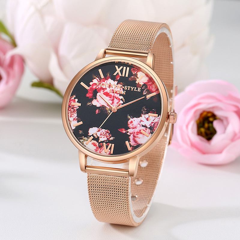 Mesh Steel Band Fritids Style Dame Armbåndsur Blomstrete Elegant Design Quartz Watch