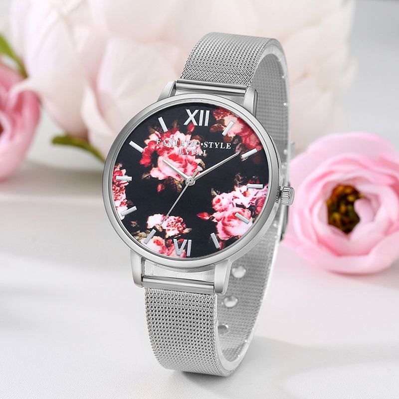 Mesh Steel Band Fritids Style Dame Armbåndsur Blomstrete Elegant Design Quartz Watch