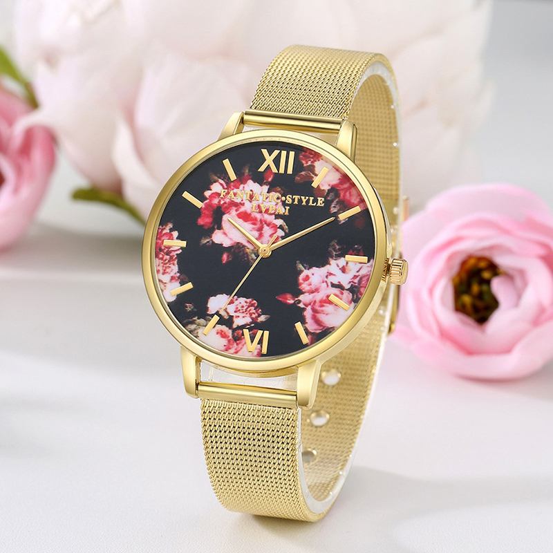 Mesh Steel Band Fritids Style Dame Armbåndsur Blomstrete Elegant Design Quartz Watch