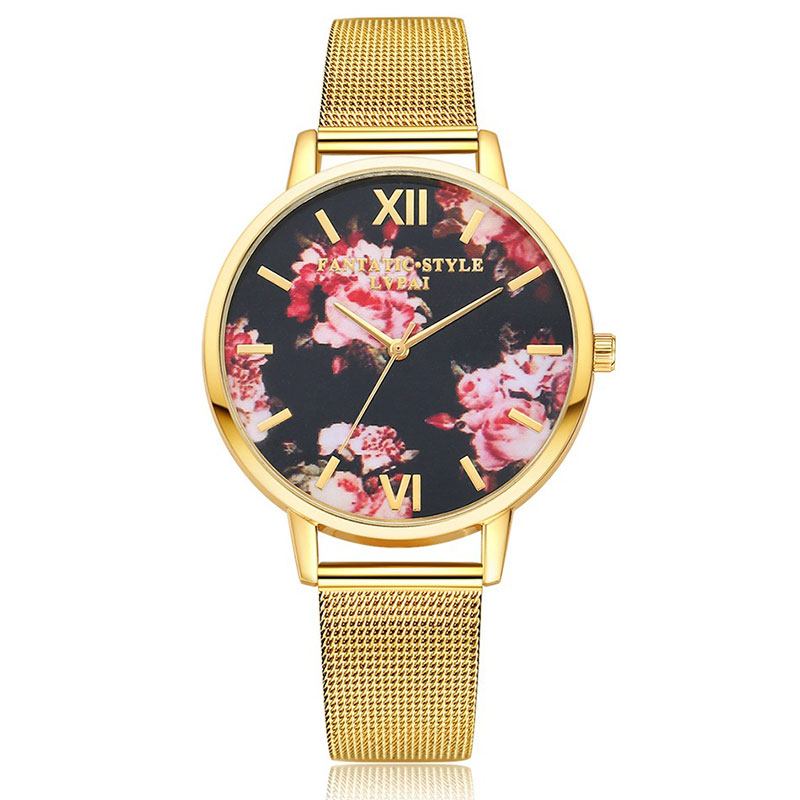 Mesh Steel Band Fritids Style Dame Armbåndsur Blomstrete Elegant Design Quartz Watch