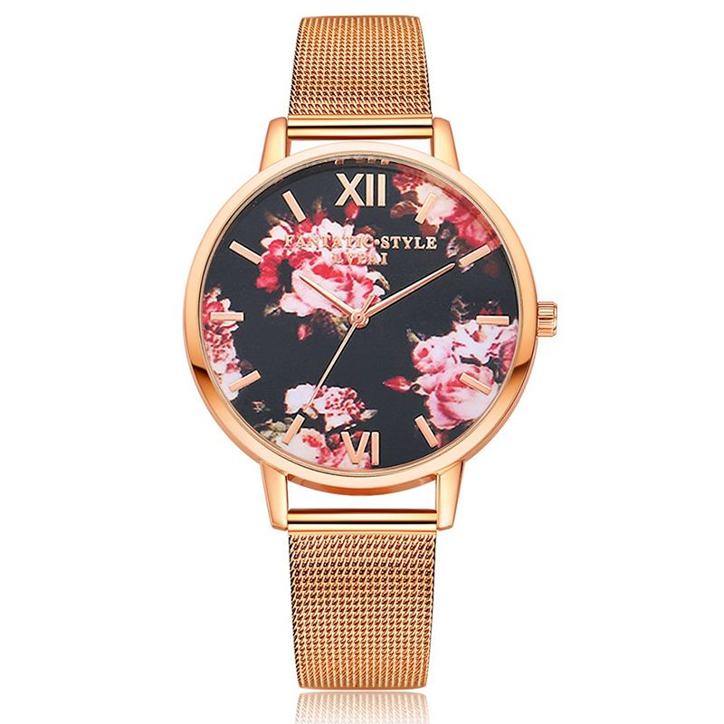 Mesh Steel Band Fritids Style Dame Armbåndsur Blomstrete Elegant Design Quartz Watch