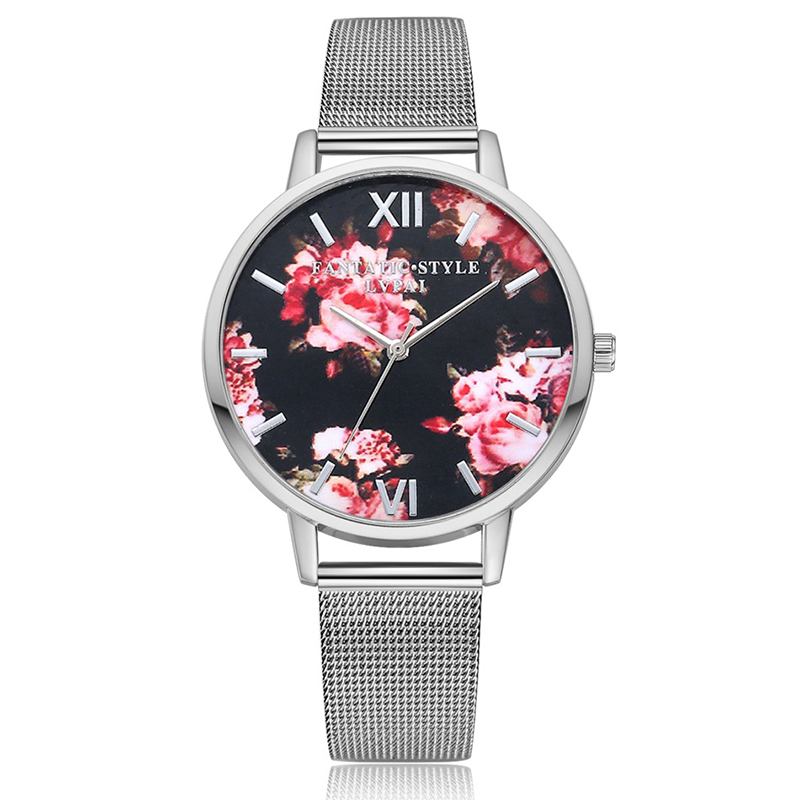 Mesh Steel Band Fritids Style Dame Armbåndsur Blomstrete Elegant Design Quartz Watch