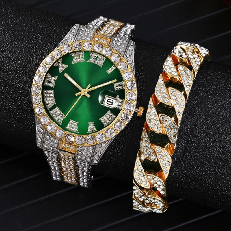 Mote 2 Stk/sett Diamond Business Watch Dekorert Pointer Quartz Watch Armbånd