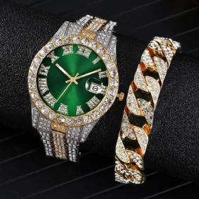 Mote 2 Stk/sett Diamond Business Watch Dekorert Pointer Quartz Watch Armbånd