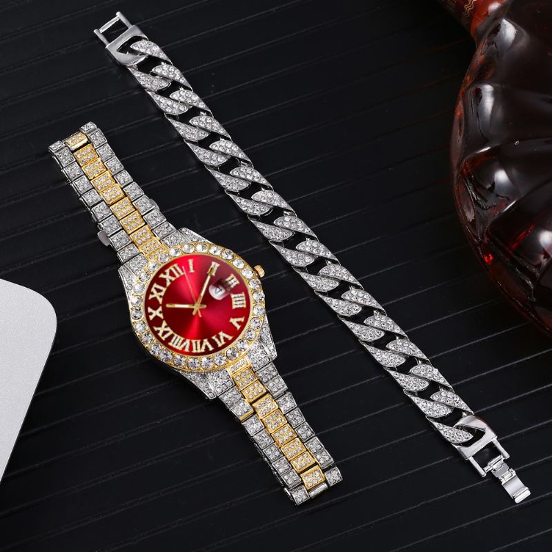 Mote 2 Stk/sett Diamond Business Watch Dekorert Pointer Quartz Watch Armbånd