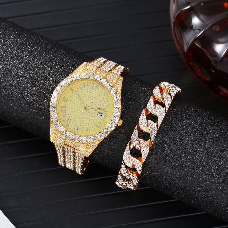 Mote 2 Stk/sett Diamond Business Watch Dekorert Pointer Quartz Watch Armbånd