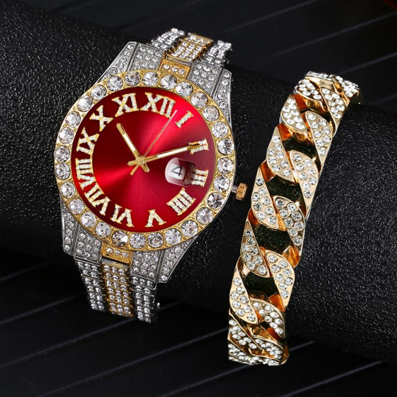 Mote 2 Stk/sett Diamond Business Watch Dekorert Pointer Quartz Watch Armbånd