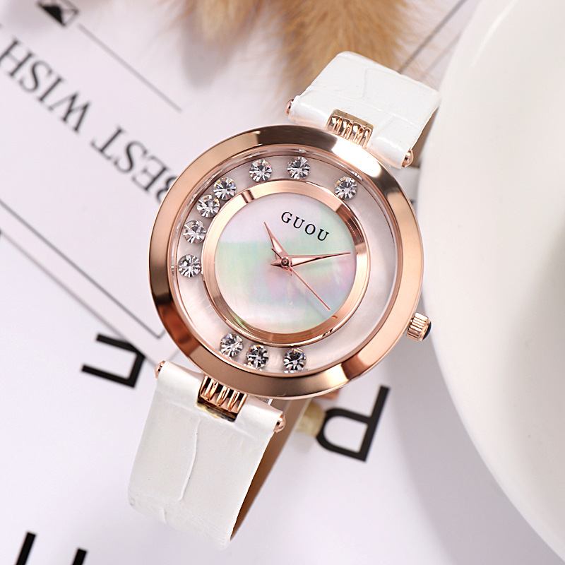 Mote Dame Klokke Lys Luksus Full Steel Glitter Diamond Leather Strap Kvinne Quartz Watch