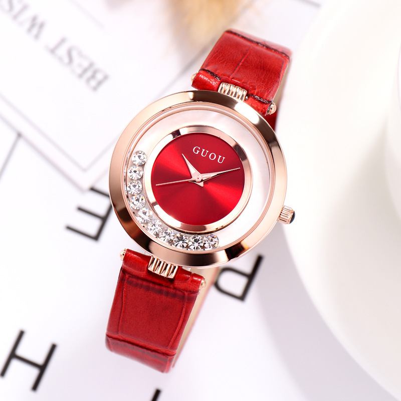 Mote Dame Klokke Lys Luksus Full Steel Glitter Diamond Leather Strap Kvinne Quartz Watch