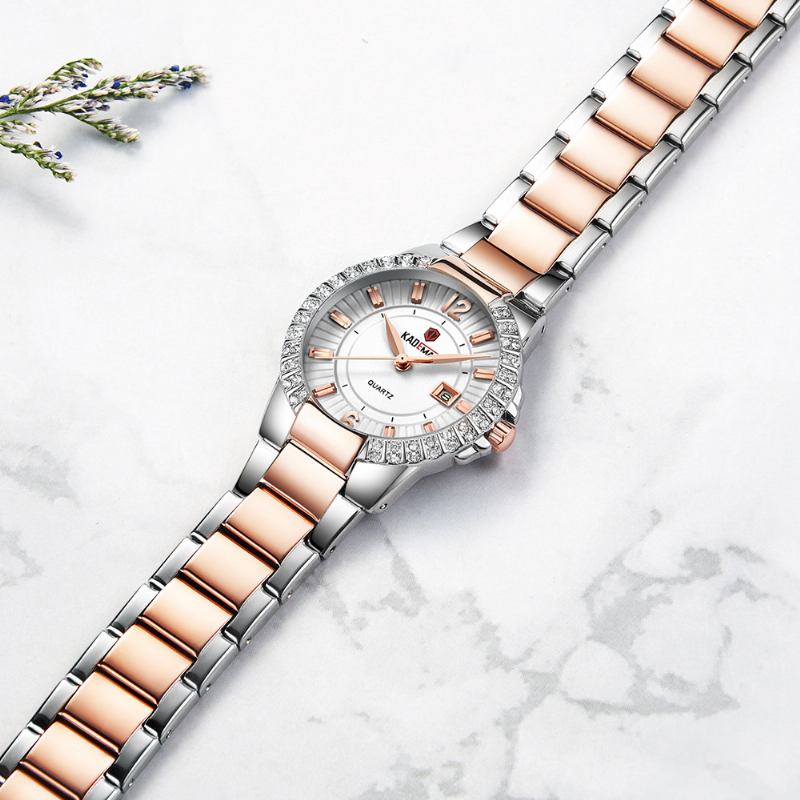 Mote Dame Klokke Lys Luksus Vanntett Dato Vis Rustfritt Stål Strap Quartz Watch