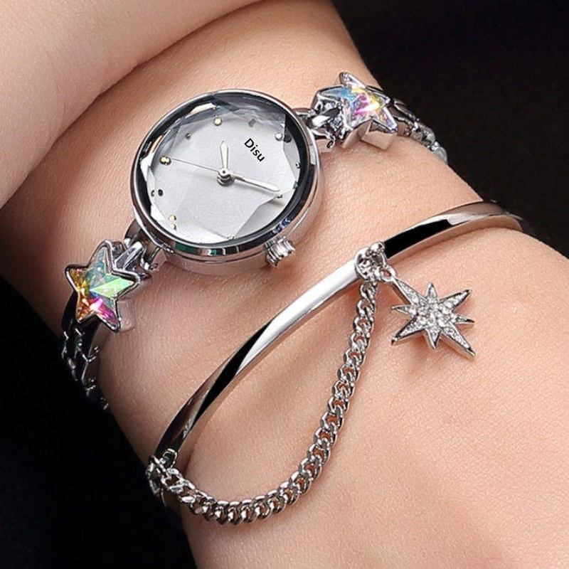 Mote Luksus Elegant Krystall Lucky Star Mønster Dame Armbånd Armbåndsur Quartz Watch