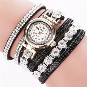 Mote Luksus Rhinestone Pu Leather Band Kvinner Quartz Armbånd Watch