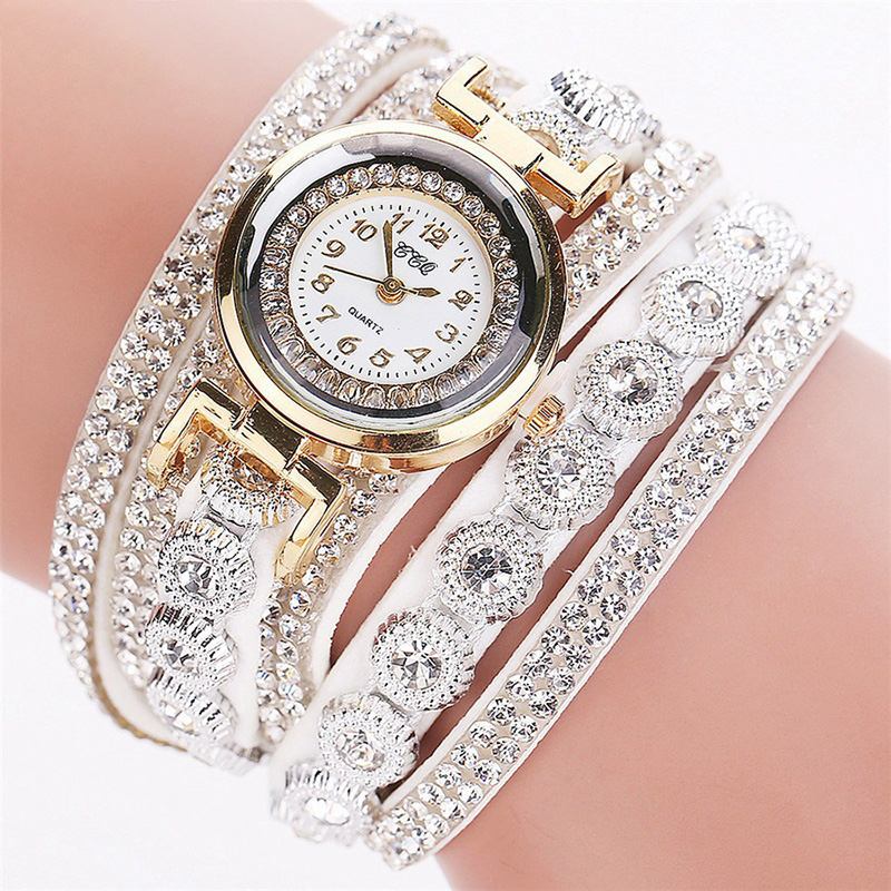 Mote Luksus Rhinestone Pu Leather Band Kvinner Quartz Armbånd Watch