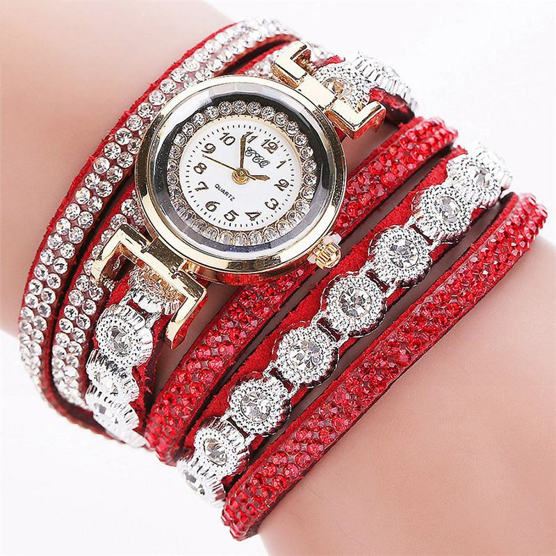 Mote Luksus Rhinestone Pu Leather Band Kvinner Quartz Armbånd Watch