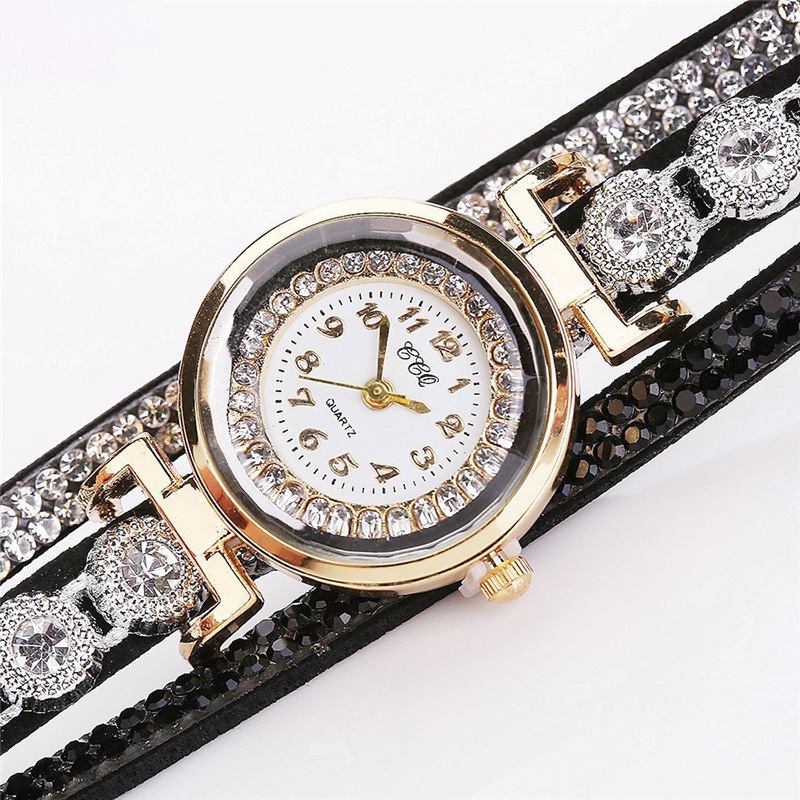 Mote Luksus Rhinestone Pu Leather Band Kvinner Quartz Armbånd Watch