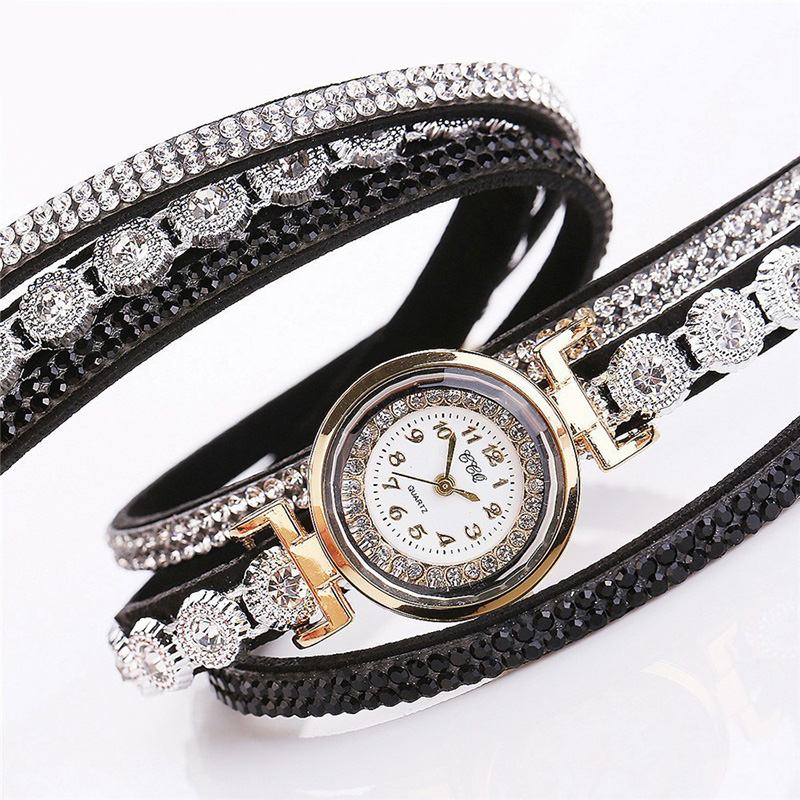 Mote Luksus Rhinestone Pu Leather Band Kvinner Quartz Armbånd Watch