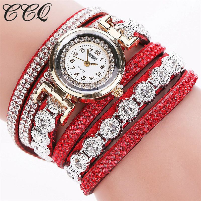 Mote Luksus Rhinestone Pu Leather Band Kvinner Quartz Armbånd Watch