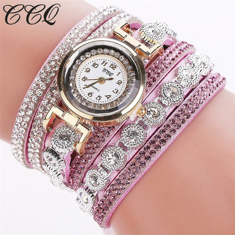 Mote Luksus Rhinestone Pu Leather Band Kvinner Quartz Armbånd Watch