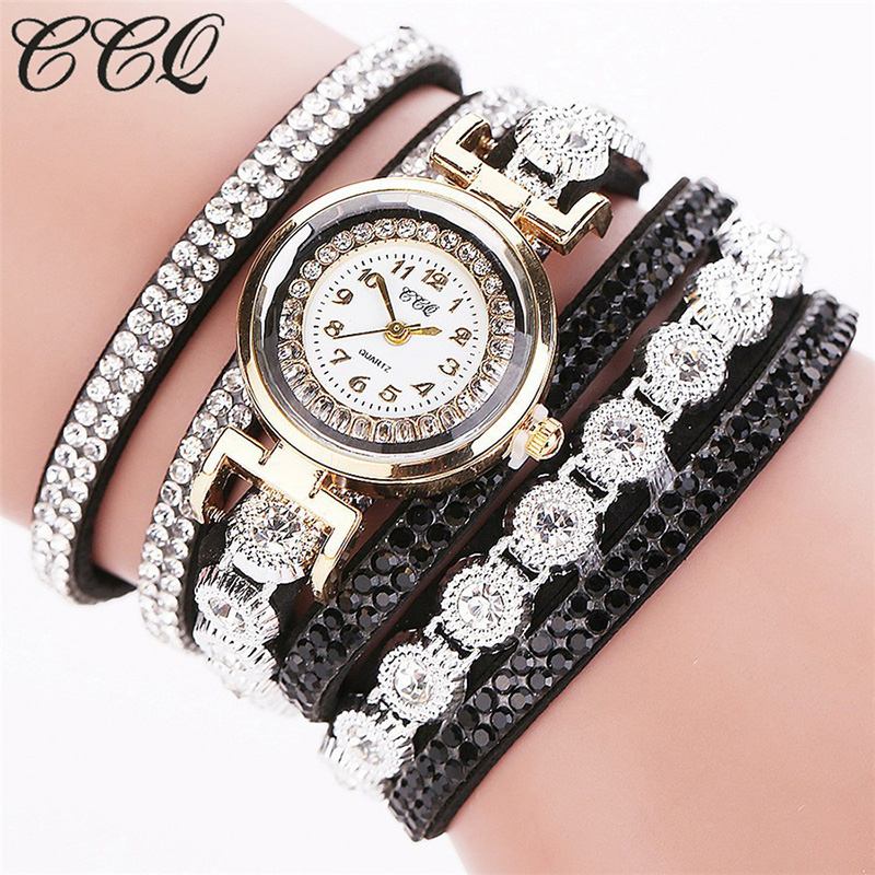 Mote Luksus Rhinestone Pu Leather Band Kvinner Quartz Armbånd Watch