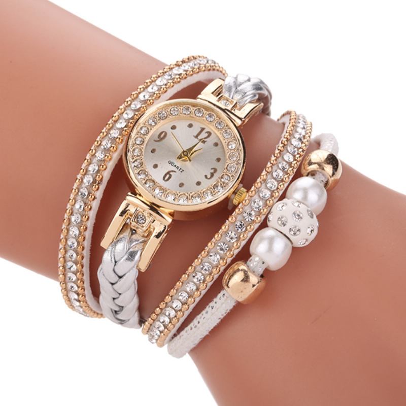 Motestil Kvinner Perleflettet Kvinner Armbåndsur Laides Dress Quartz Watch Armbånd