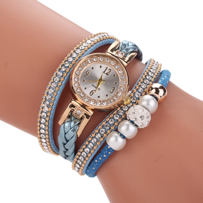 Motestil Kvinner Perleflettet Kvinner Armbåndsur Laides Dress Quartz Watch Armbånd