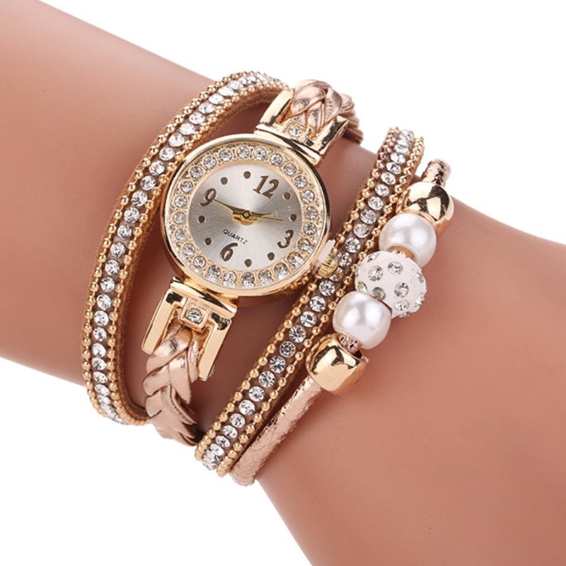 Motestil Kvinner Perleflettet Kvinner Armbåndsur Laides Dress Quartz Watch Armbånd